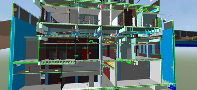 Corte 3D. Estructura e instalaciones en contexto.